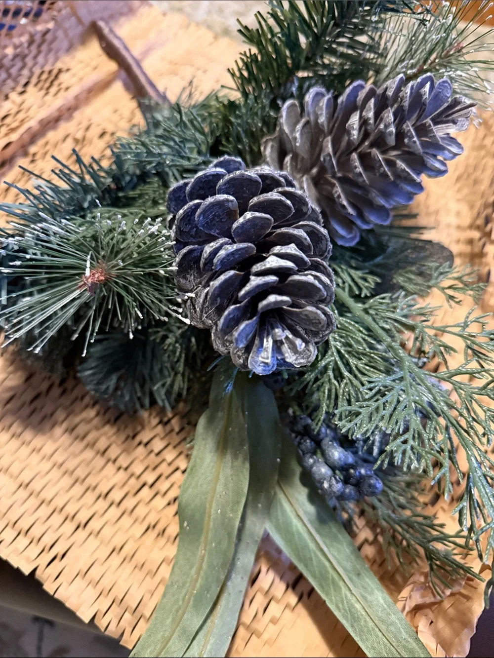 Flocked Pinecone Holiday Pick - Green and White